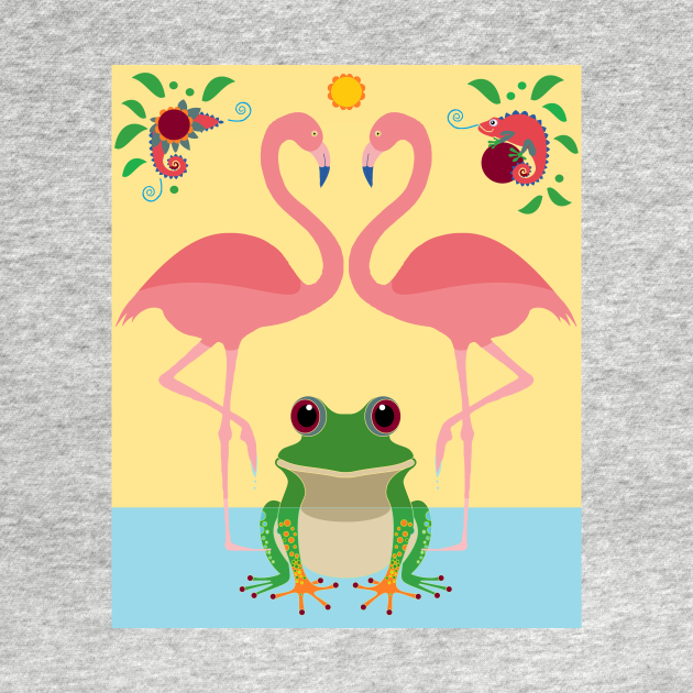Two Flamingos, One Frog, Foliage and a Chameleon Wildlife Crewneck